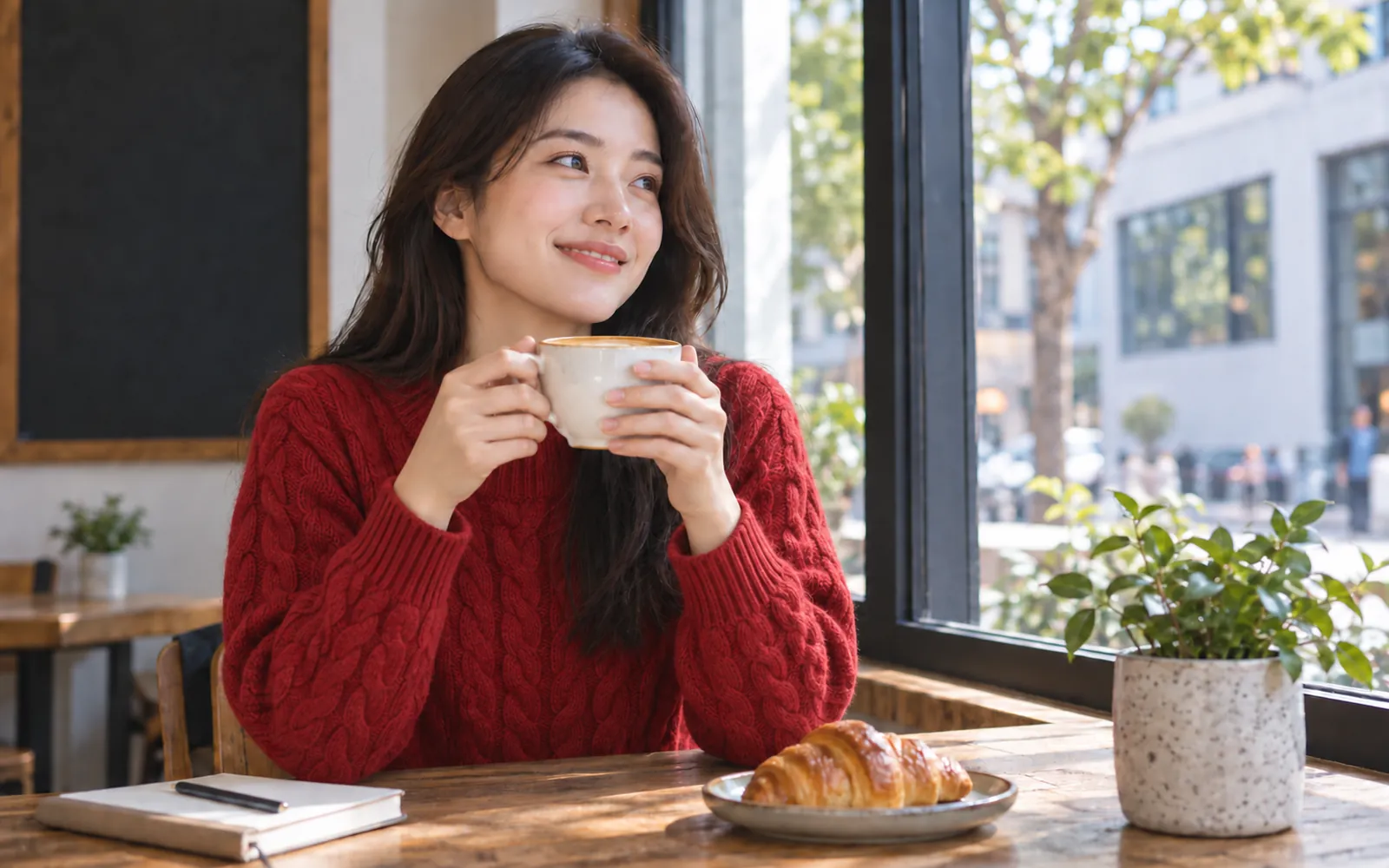 Woman at a café window holding a coffee cup, her white T-shirt changed into a red knitted sweater: Edited