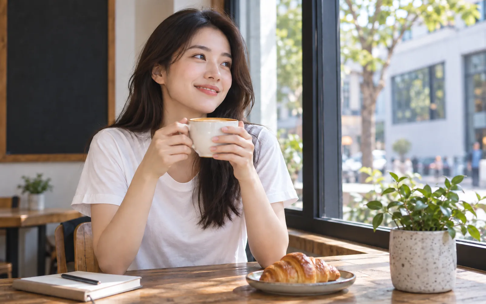 Woman at a café window holding a coffee cup, her white T-shirt changed into a red knitted sweater: Original