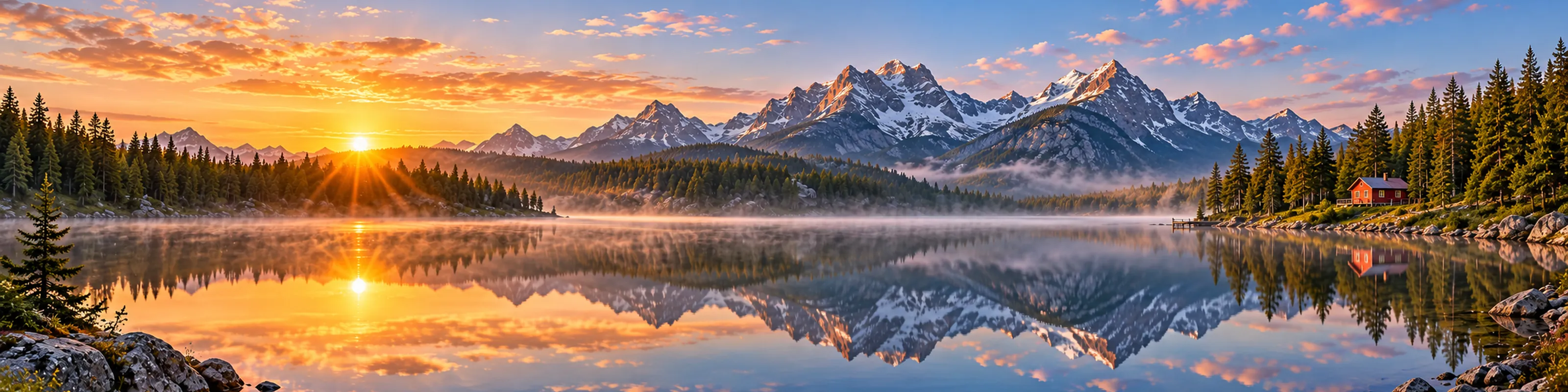 Panorama of a misty mountain lake at sunrise with pine forest and a small red cabin on the shore