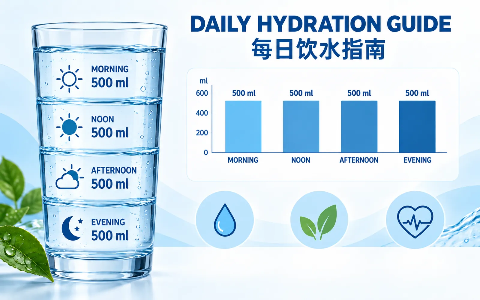 Bilingual hydration infographic in English and Chinese with a labeled water glass, bar chart, and tip icons