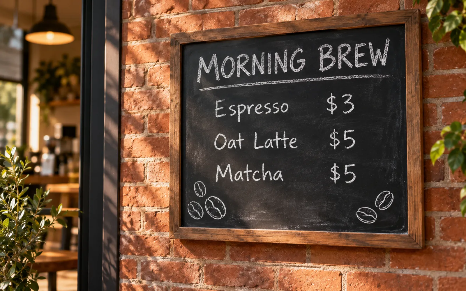 Chalkboard café menu titled MORNING BREW listing espresso, oat latte, and matcha prices on a brick wall