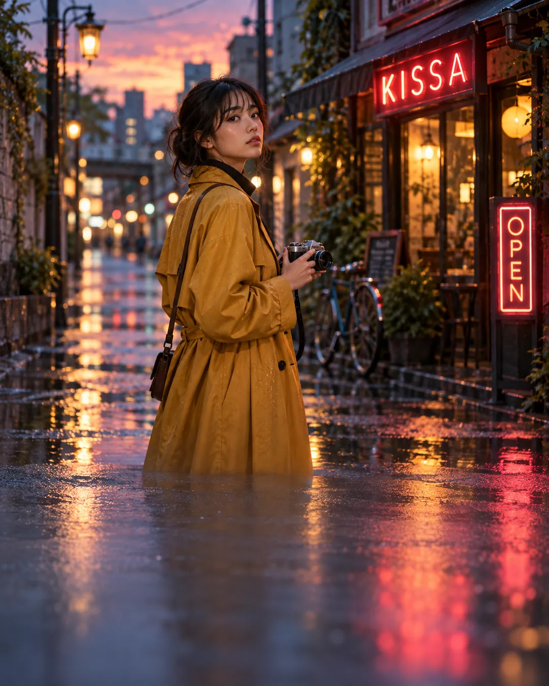 Woman in a mustard-yellow trench coat holding a film camera on a rainy street at dusk with neon signs reflected in puddles