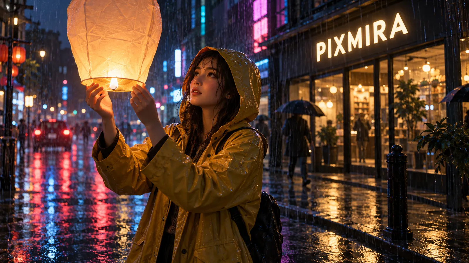 Woman in a yellow raincoat holding a glowing lantern on a rainy neon street, made with Nano Banana 2.1