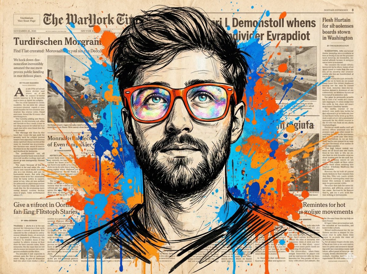 Energetic Male Portrait, Orange-Red Glasses, Black Line Art, Newspaper Background