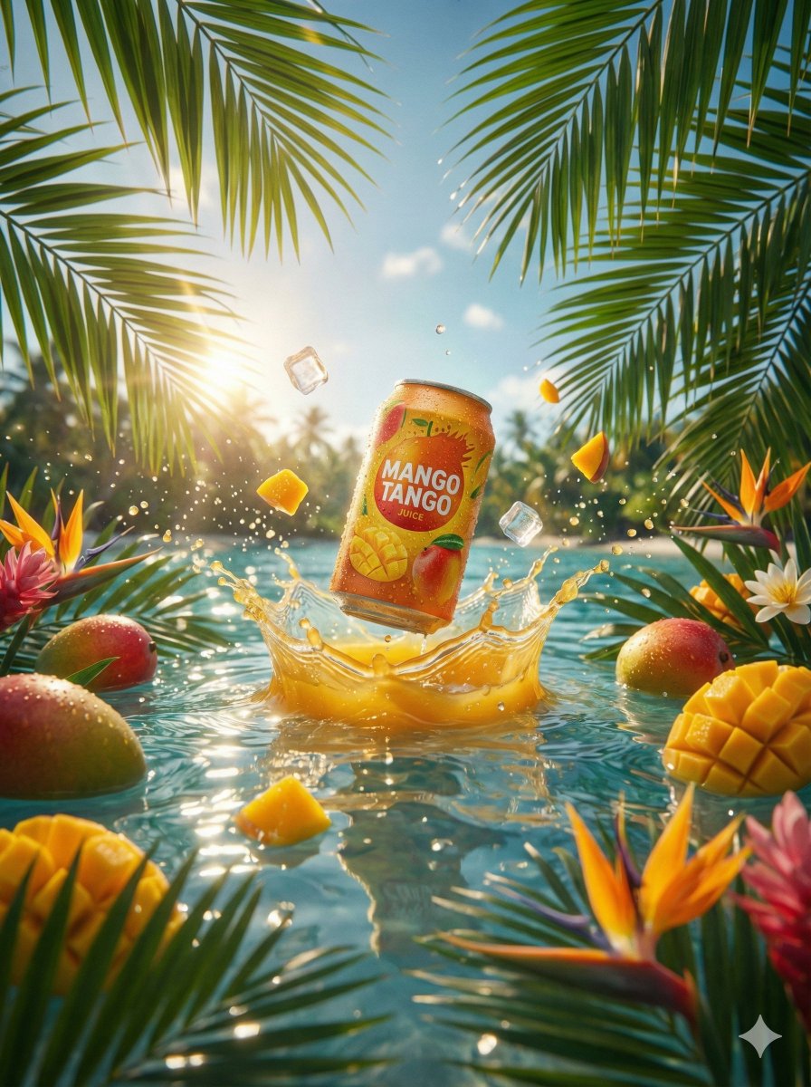 Hyperrealistic Mango Juice Can Emerging from Ocean