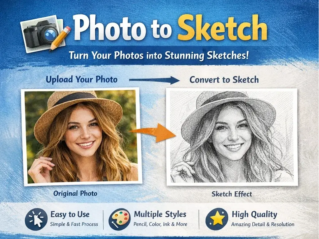 Photo to Sketch preview showing a photo converted into hand drawn line art
