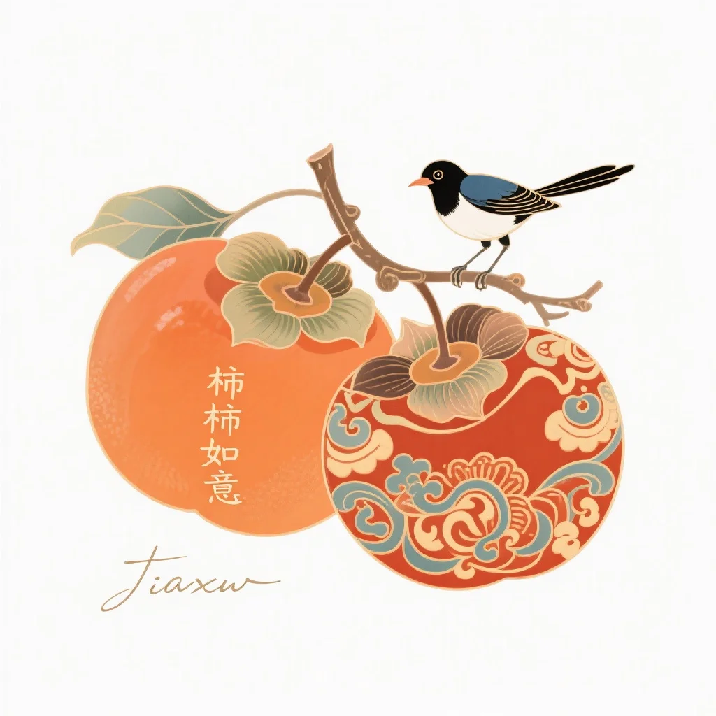 Traditional Persimmon and Magpie Pattern