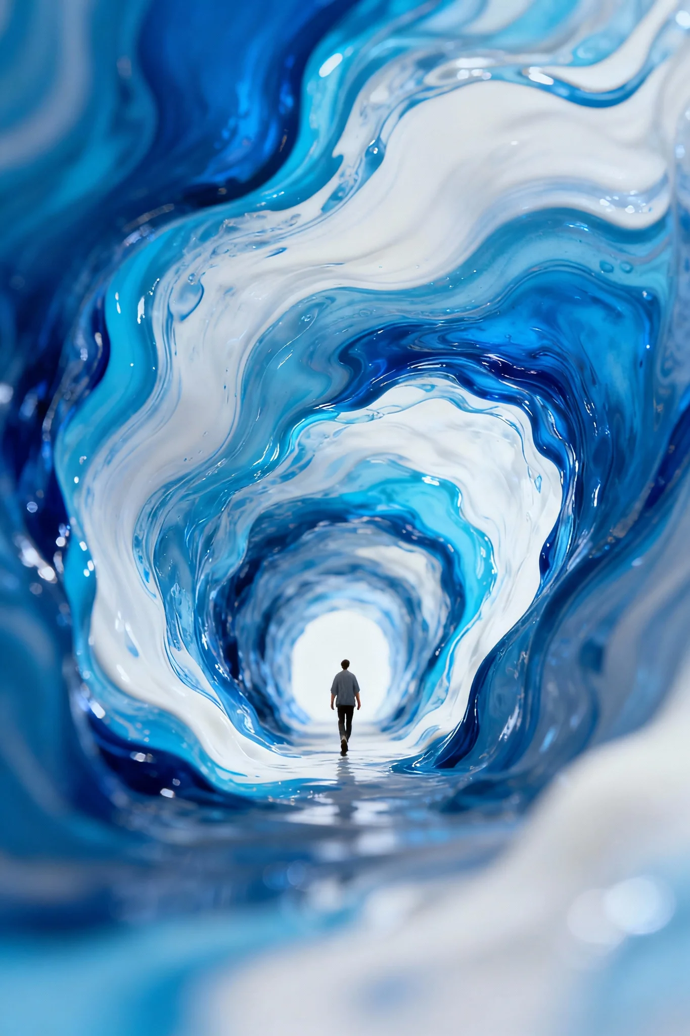 Solitary Traveler in Blue and White Iridescent Tunnel