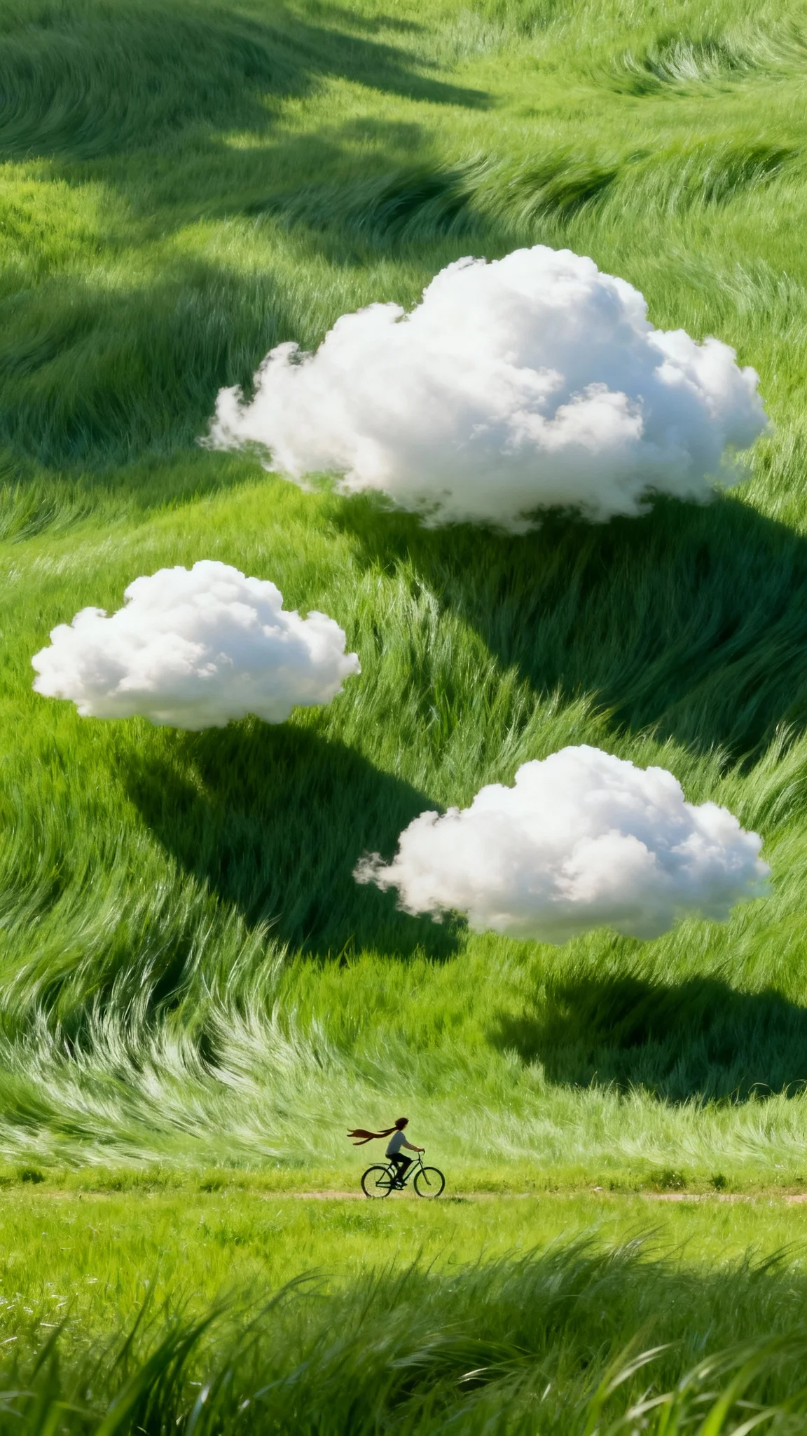Cyclist Boy in Wavy Grass and Cloud Shadows
