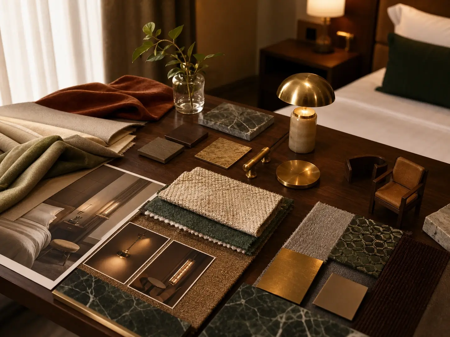 Seedream 5.0 Pro hospitality moodboard with hotel room materials lighting studies and textile samples