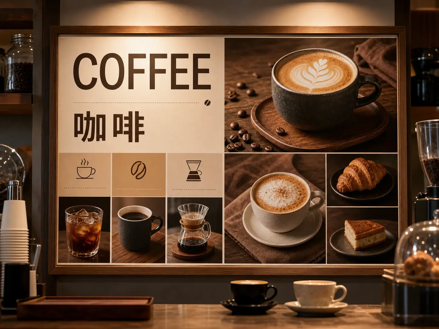 Seedream 5.0 Pro localized cafe menu board with bilingual typography product photography and clean sections