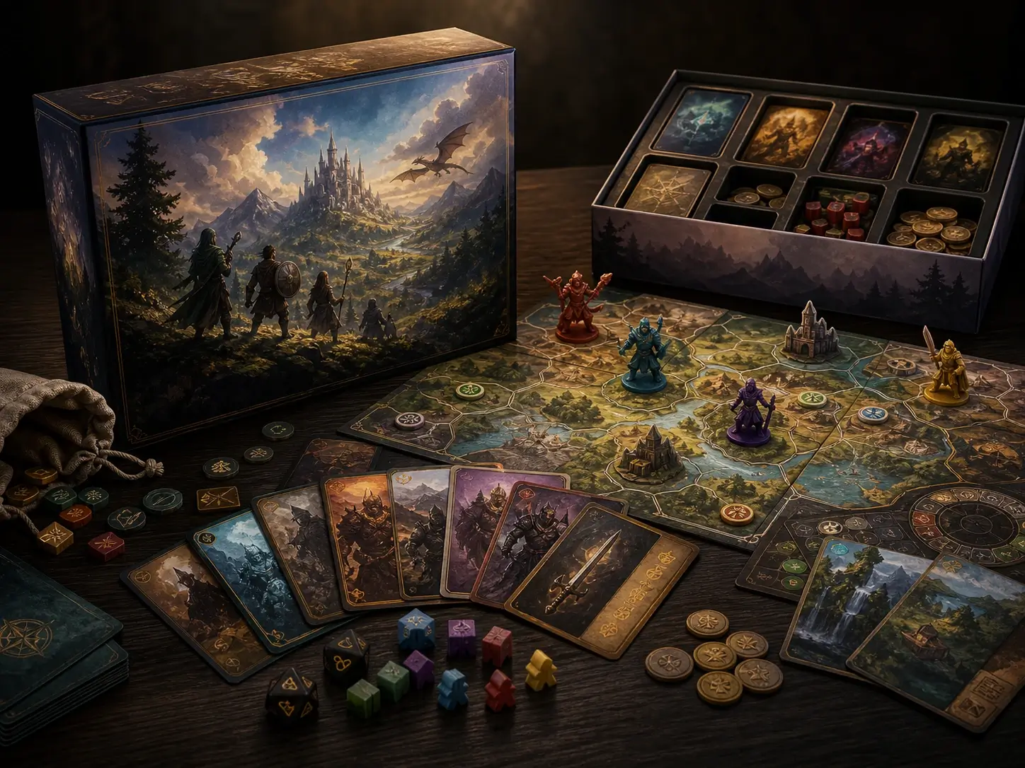 Seedream 5.0 Pro board game campaign visual with packaging cards tokens and illustrated pieces