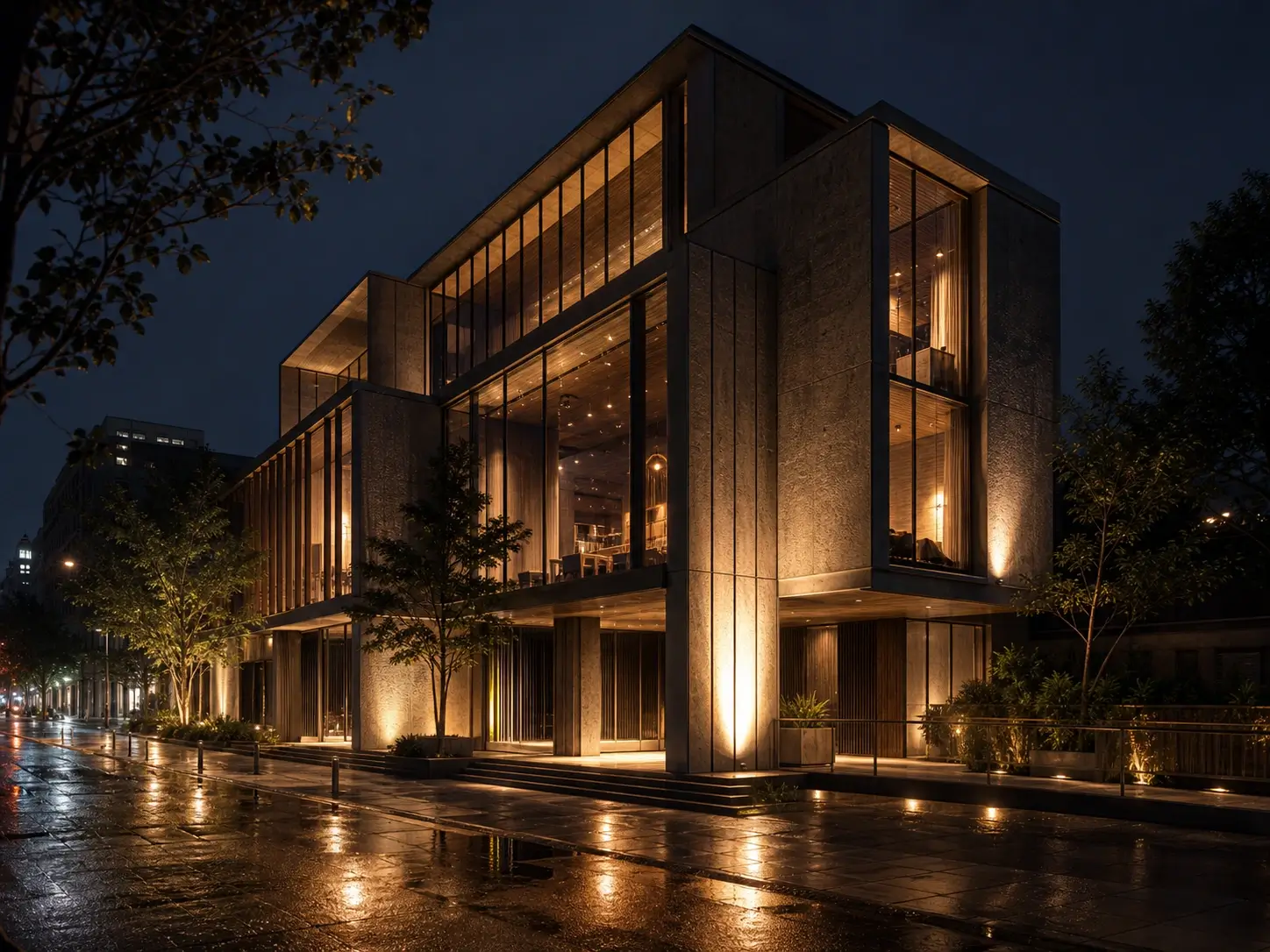 Seedream 5.0 Pro architectural facade concept at night with glass concrete warm lighting and streetscape context